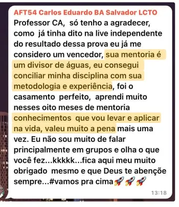 Print de conversa no WhatsApp de aluno aprovado — depoimento 3